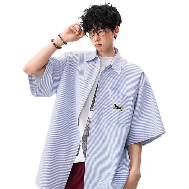 单爵 美式腊肠狗条纹宽松百搭防晒衬衣夏季短袖衬衫 男女同款