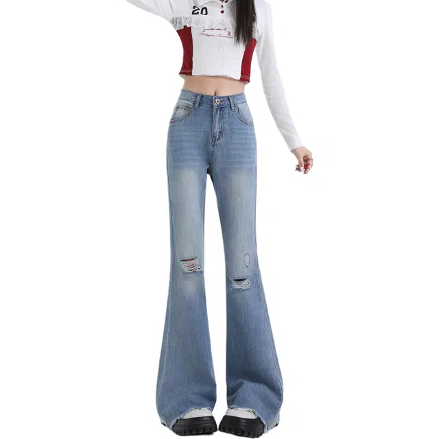 玫丝朵 破洞毛边不贴腿微喇裤脚流苏设计直筒柔软阔腿牛仔裤 女款