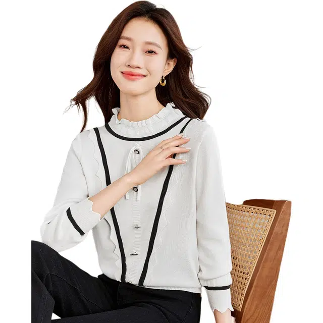 爱依莲 春,秋 时尚半高领木耳边内搭洋气上衣长袖针织衫 常规 女款