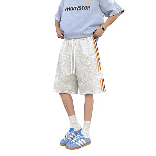 佐菲利 彩虹织带条纹拼接夏季小众痞帅高级感宽松质感阔腿休闲短裤 男款