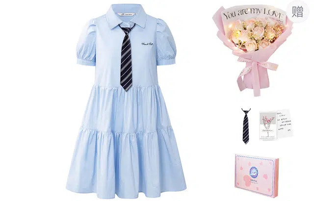 东鲸岁时记 学院风夏日多巴胺初恋清纯奶甜尖领女装字母刺绣宽松显瘦泡泡袖短袖连衣裙 女款 礼盒装 蓝色北海道牛乳