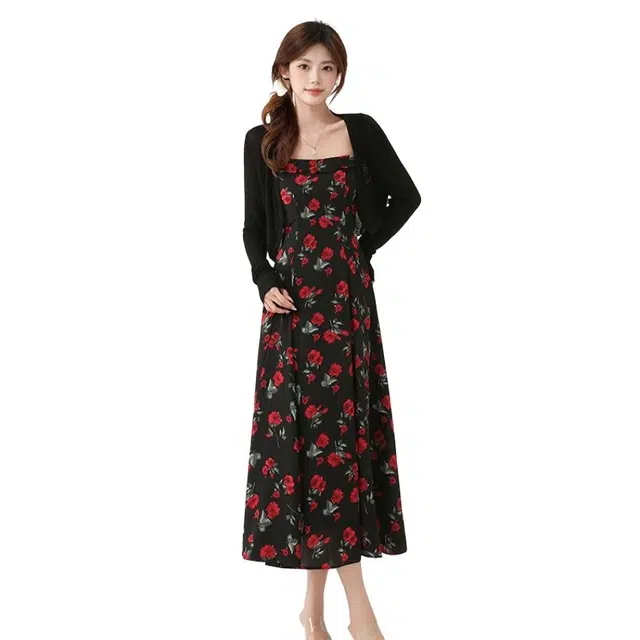 水中花 法式玫瑰印花吊带裙方领收腰显瘦大摆裙海边度假风连衣裙开衫两件套裙装套装 女款