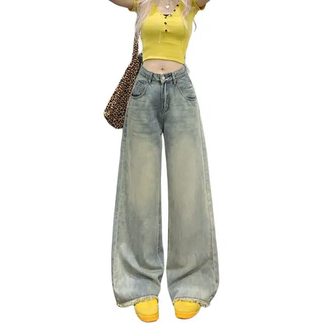 如续 美式复古宽松阔腿裤水洗拖地长裤女显瘦直筒裤子牛仔裤 女款