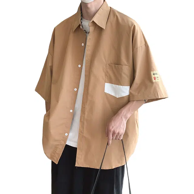 一碗士多 薄款潮日系高级感加肥加大宽松夏季短袖衬衫 男女同款