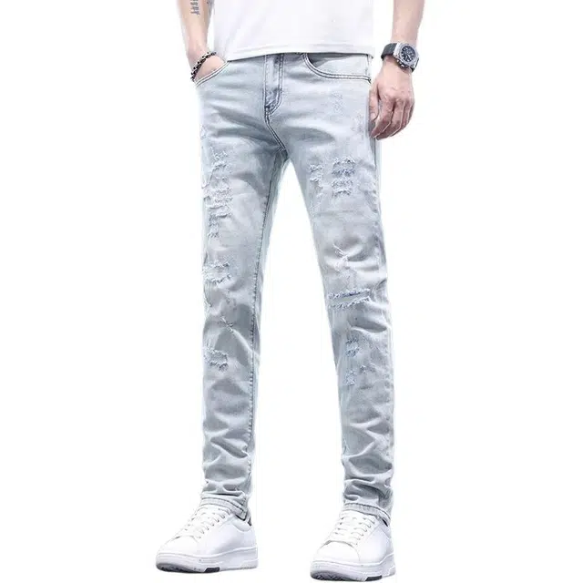 潮人榜 薄款破洞高级感休闲修身小脚长裤痞帅高端潮牌直筒牛仔裤 男款