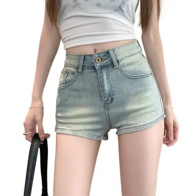 一碗士多 浅色女夏季复古高腰休闲直筒裤子小个子辣妹紧身弹力热裤牛仔短裤 女款