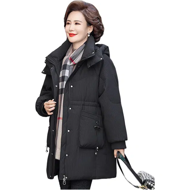 鸭鸭 纯色加厚连帽中长款气质减龄羽绒服 女款 妈妈装