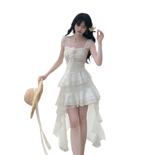 怪力萝莉 法式度假风不规则裙女夏季雪纺高级感气质仙女裙吊带连衣裙 女款
