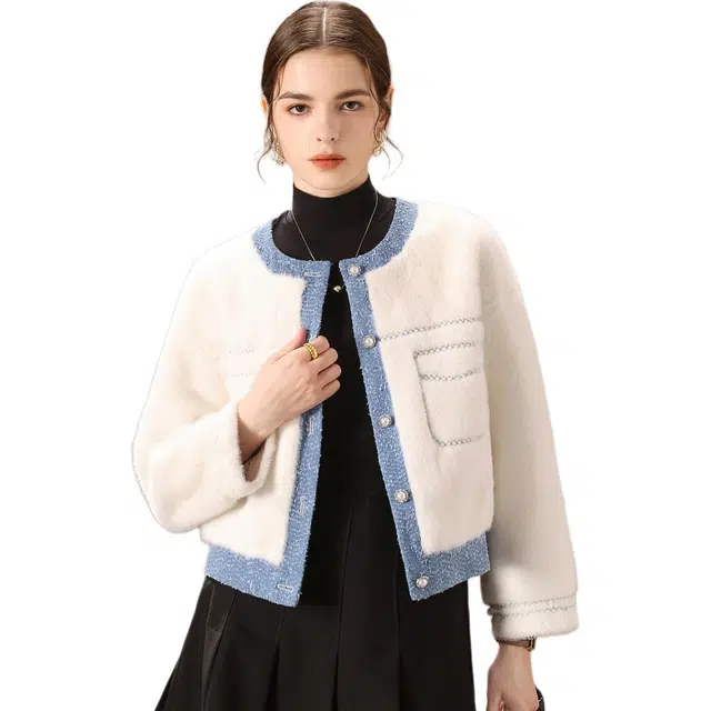 粉红玛琍 拼接圆领休闲绒感外套 女款 白色