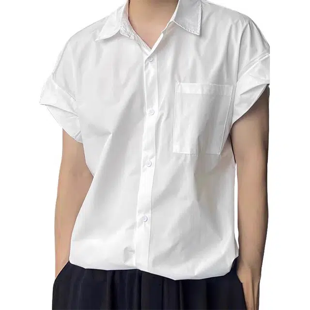 冈哉 美式潮流个性口袋百搭抽绳设计垂感时尚纯色简约舒适基础款痞帅衬衣慵懒感外套上衣宽松翻领纽扣短袖衬衫 男女同款
