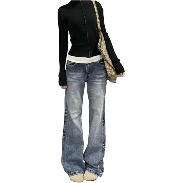 如续 美式复古高街做旧折痕水洗微喇时尚高腰牛仔裤 女款