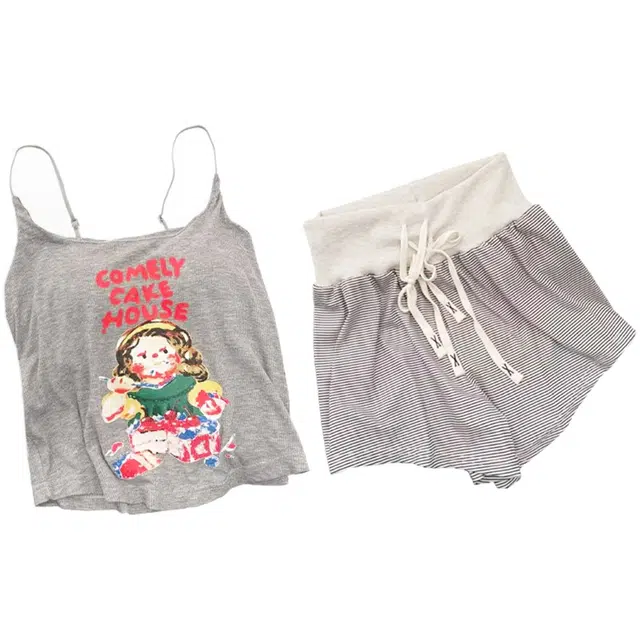 俏韵 圆领无袖舒适吊带三分裤甜美薄款家居服可外穿睡衣套装 女款