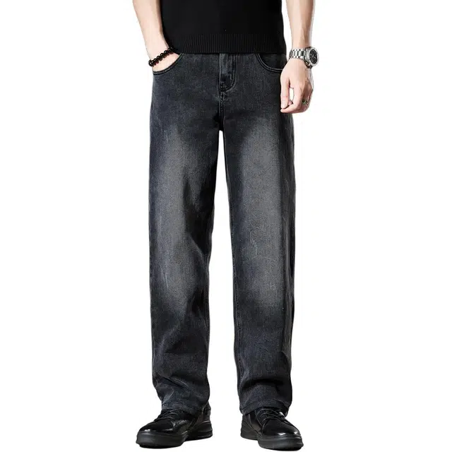 贵色 春季 高街潮牌松弛感垂感阔腿个性复古做旧纽扣口袋设计弹力中腰牛仔裤 男女同款