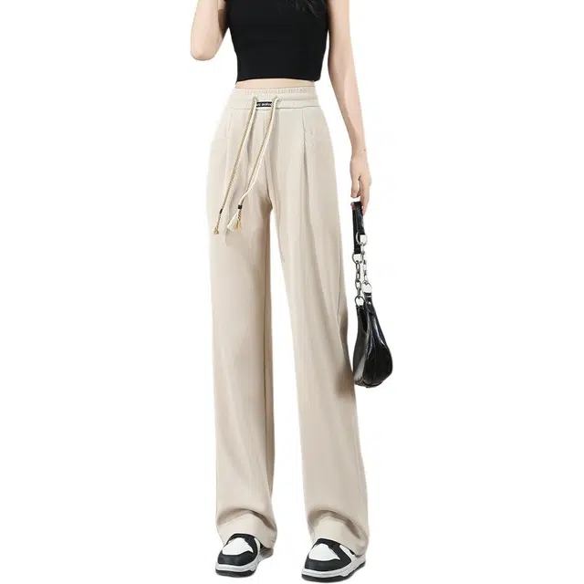 法文箱子 百搭时尚简约高腰直筒裤休闲裤 女款 杏色