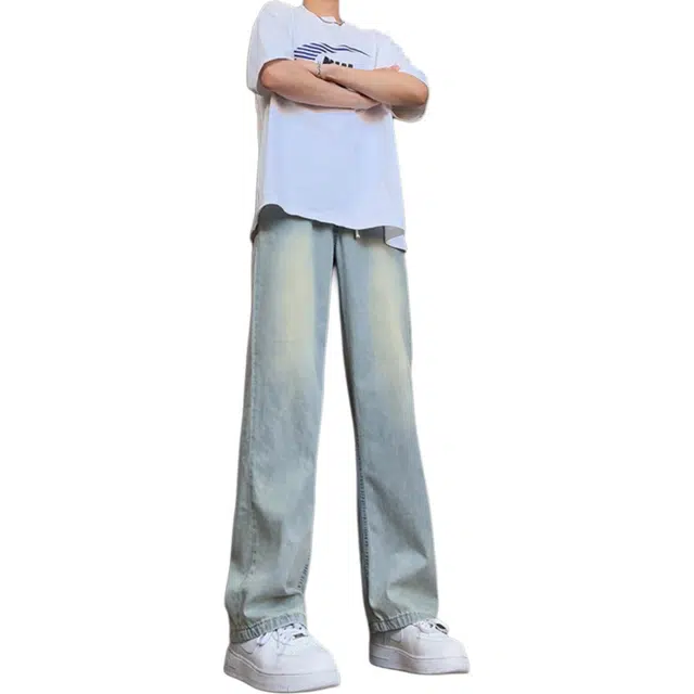 煦加 宽松直筒水洗做旧薄款牛仔裤 男款 浅蓝色