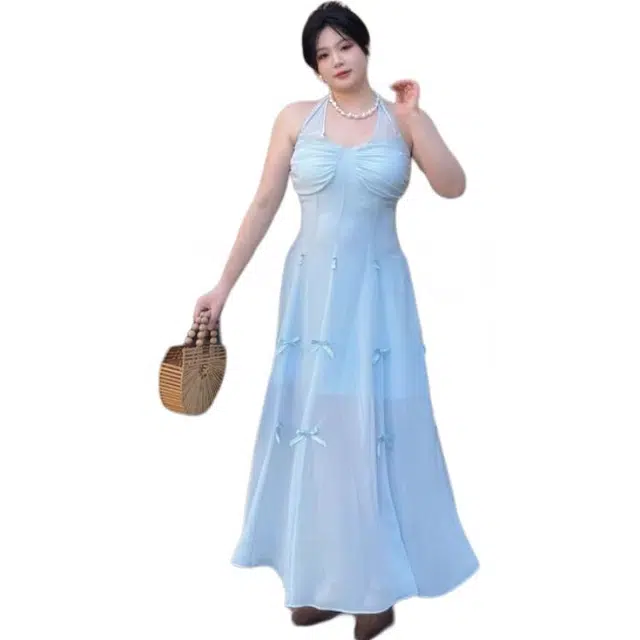 哒头下雨不愁 法式设计显瘦设计纯色常规圆领高腰吊带连衣裙 女款