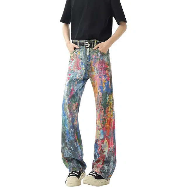 沃马 美式高街宽松直筒舒适牛仔裤 男女同款 花色