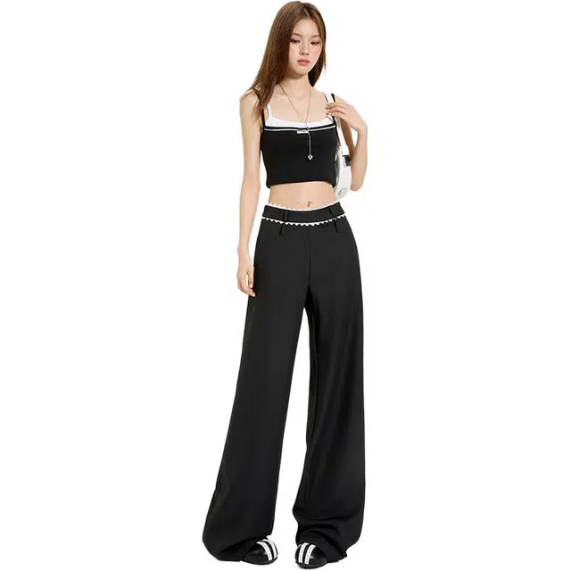 玫丝朵 美式蕾丝花边拼接设计时尚百搭宽松休闲裤 女款