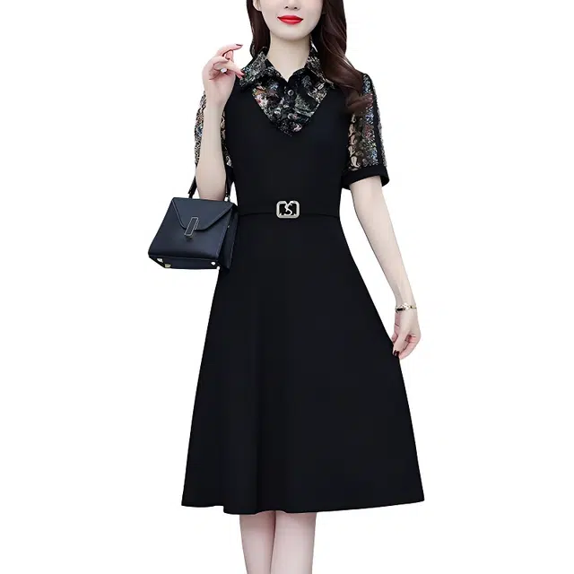 水中花 法式碎花拼色时尚气质遮肉显瘦阔太太收腰设计短袖连衣裙 女款