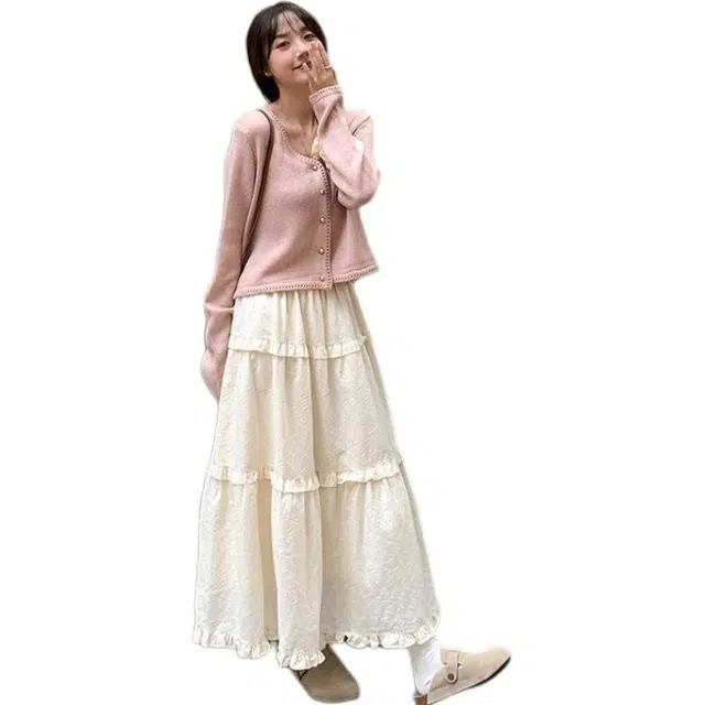 哒头下雨不愁 法式复古高腰木耳边中长款半身裙拼接松紧腰裙子刺绣休闲长裙 女款