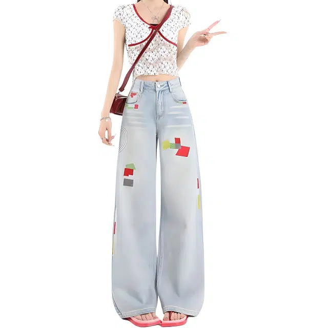 淑好百 个性显瘦垂感梨形身材宽松拖地裤国潮美式花朵刺绣春秋季复古高腰直筒牛仔裤 女款