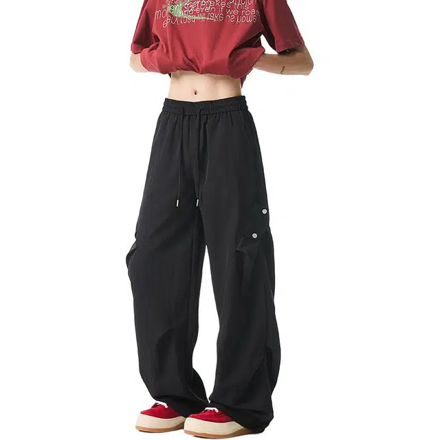 物质公式 美式褶皱冰丝裤亲肤简约学生党穿搭高街复古凉感轻薄透气潮流宽松百搭户外山系机能风山本裤直筒阔腿垂感伞兵裤休闲裤 男女同款