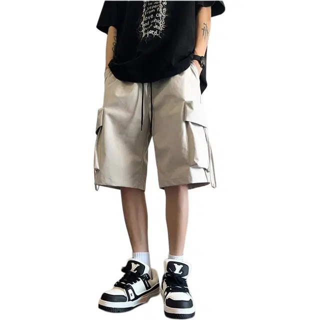 煦加 大口袋美式少年感纯色抽绳口袋装饰工装短裤 男款