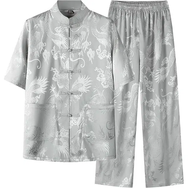 卡丹狄诺 中国风男士唐装提花立领两件套短袖宽松休闲运动套装 男款