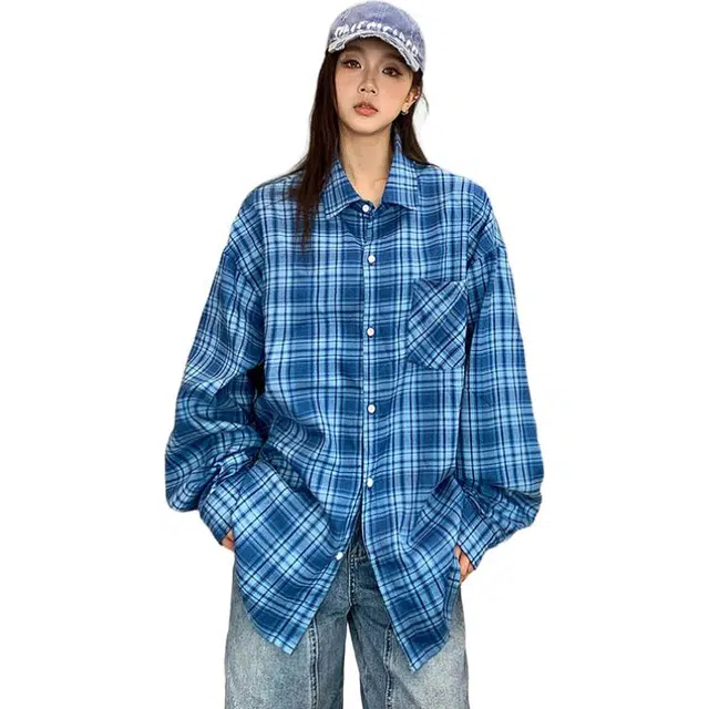 水中花 港风文艺风格子衬衣翻领复古慵懒设计感宽松休闲百搭外穿叠穿上衣日常穿搭长袖衬衫 女款