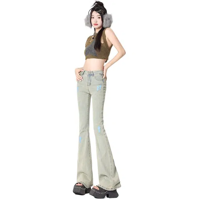 玫丝朵 美式复古微喇高街时尚长裤牛仔裤 女款