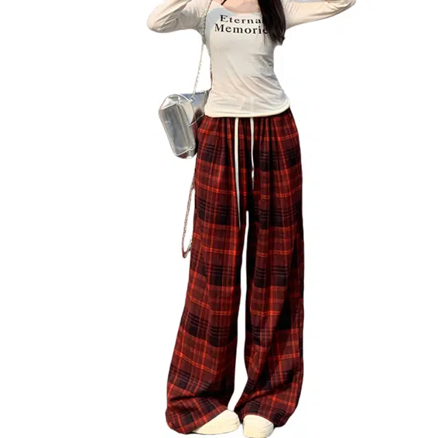 花蔓色 美式复古高腰格子裤 垂感舒适百搭慵懒设计感 极简显瘦休闲裤 女款
