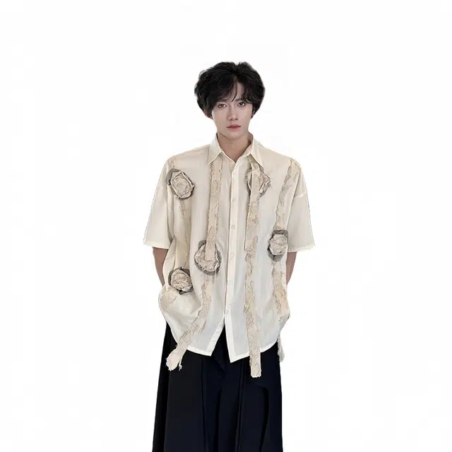 木林森 个性高级感宽松休闲潮流短袖衬衫 男女同款 米白色