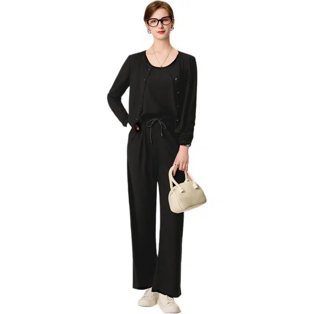 粉红玛琍 慵懒风纯色长袖上衣套头吊带直筒裤时尚休闲套装 女款 黑色