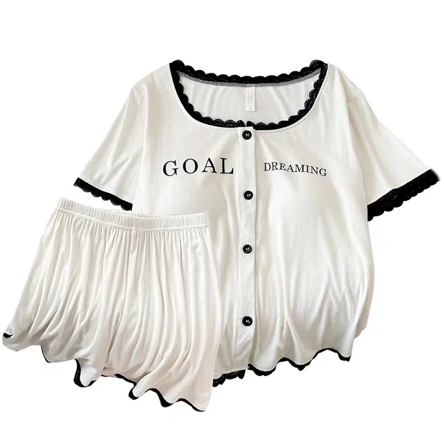 俏韵 圆领夏季莫代尔带胸垫短袖开衫简约薄款家居服可外穿睡衣套装 女款