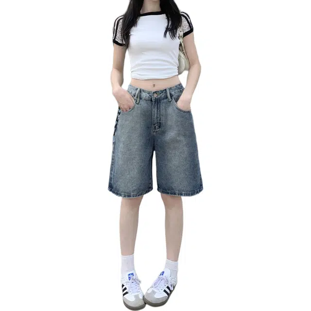 缪斯的诱惑 宽松显瘦休闲阔腿裤牛仔短裤 女款 复古蓝