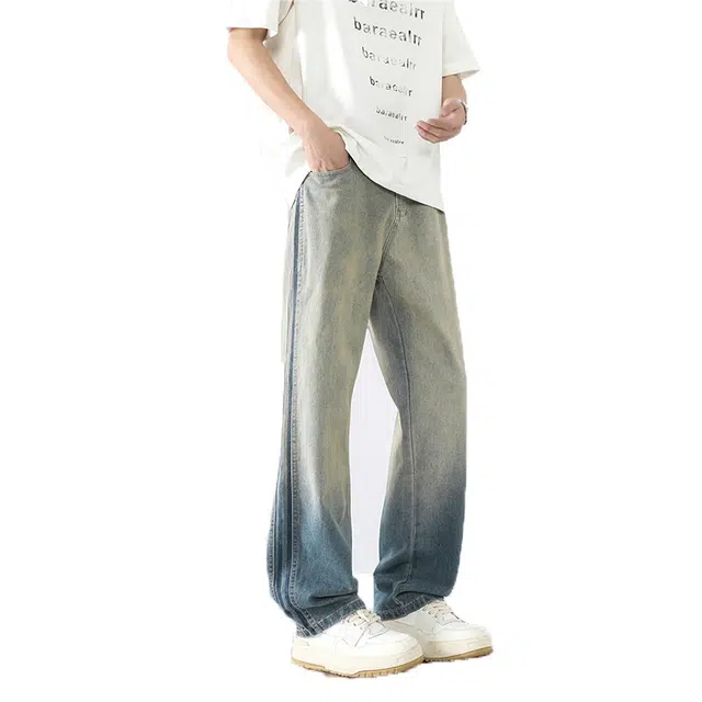 佐菲利 美式复古水洗宽松直筒潮流侧边条纹牛仔裤 男女同款 浅蓝色