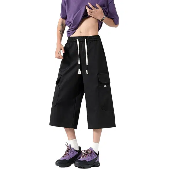 隐狼世家 百搭大口袋美式潮流拼接工装七分休闲短裤 男款