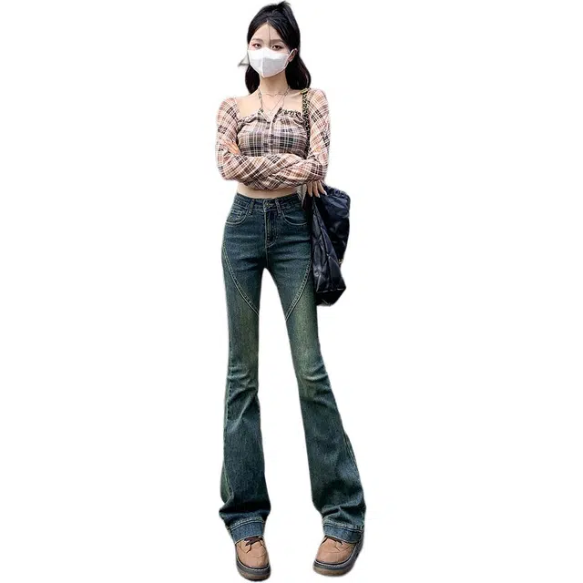 法文箱子 时尚休闲简约舒适百搭复古高腰微喇牛仔裤 女款 怀旧蓝