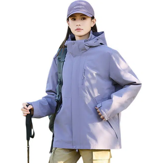 木林森 户外登山三合一防风防雨防泼水可拆卸帽纯色夹克外套 男女同款 凝夜紫