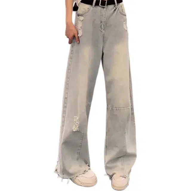 冈哉 美式复古高街破洞磨破高级感潮牌水洗做旧阔腿拖地裤舒适透气直筒宽松通勤休闲裤牛仔裤 男女同款