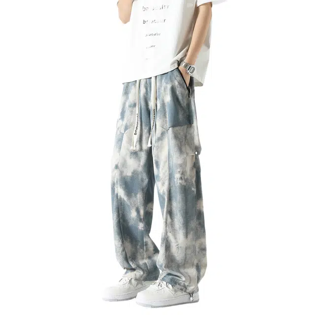 敦煌博物馆 美式复古日常通勤宽松直筒满印系带褶皱大码百搭拖地休闲裤 男女同款