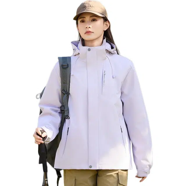 木林森 户外防风防水日常通勤透气纯色可拆卸帽子魔术贴袖口拉链双门襟夹克外套 男女同款 浅紫