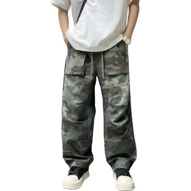 沐诚阳译 美式复古抽绳松紧腰直筒潮流宽松休闲工装裤 男款