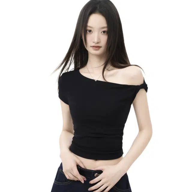 怪力萝莉 短款斜肩女夏季露肩修身短袖截短上衣 女款