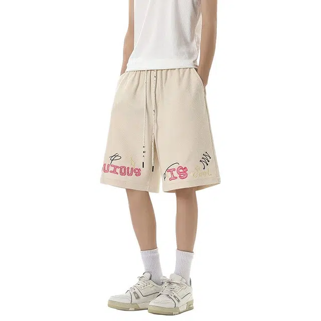 佐菲利 美式字母涂鸦运动宽松阔腿沙滩高街百搭夏季五分裤休闲短裤 男款