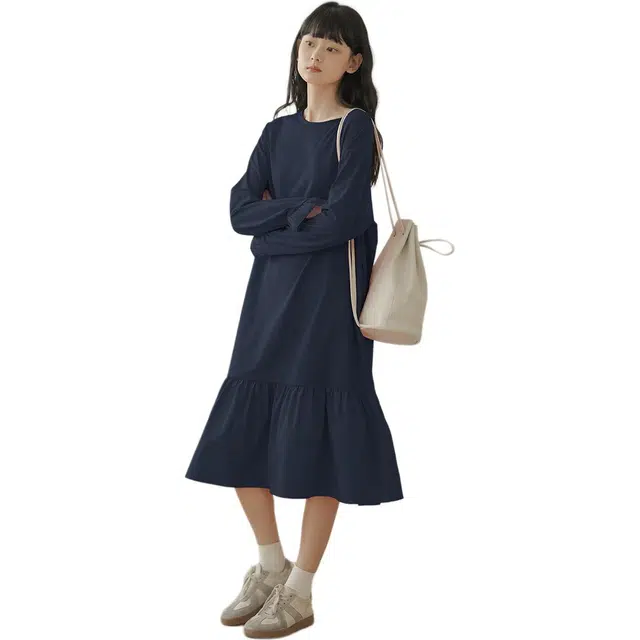 【dme】 纯色圆领长款长袖连衣裙 女款 藏青