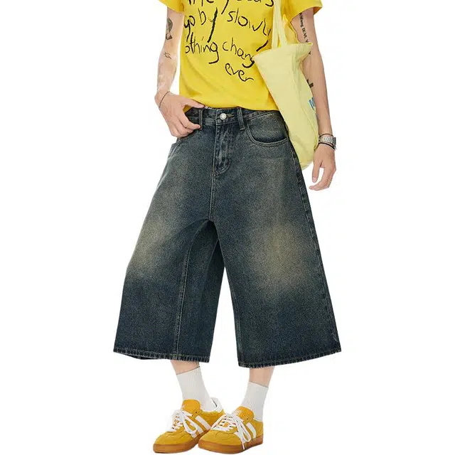 黑马漫画 美式复古水洗夏季薄款宽松阔腿显瘦高腰直筒七分裤牛仔短裤 男女同款