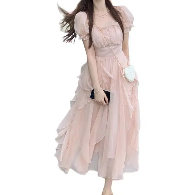 小卷要加油 法式方领温柔风雪纺女夏季胖收腰显瘦超仙气长裙子 短袖连衣裙  女款