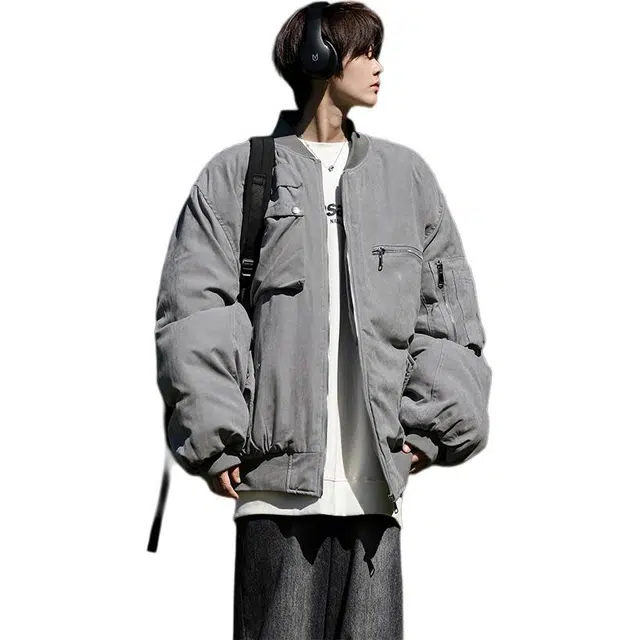 极限涡轮 美式工装多口袋拉链设计感厚款棒球服宽松飞行服外套时尚潮流美式设计基础款复古风格棉服 男女同款