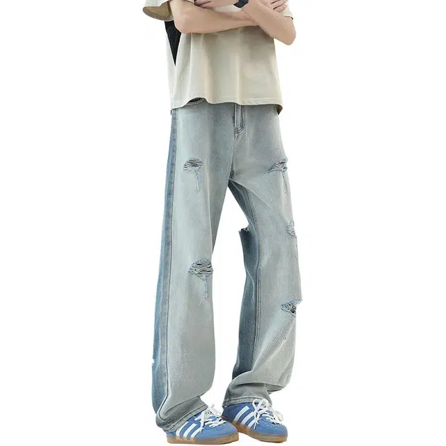 宝米卡 美式高街水洗破洞夏季复古宽松情侣休闲长裤牛仔裤 男女同款